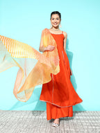 InWeave Women's Orange Red Gota Strappy Set With Orange Leh Dupatta | Grocsy
