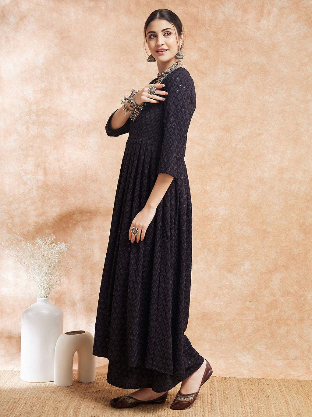 InWeave Women's Black Chikankari Long Anarkali Kurta Sharara Set | Grocsy