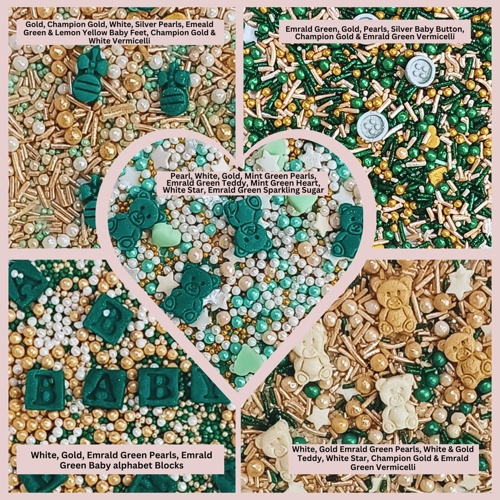 Confect Baby Shower Sprinkles | Gender Reveal Sprinkles | Gold, Silver, Mint Green & Pearl Dragees Pack of 5 (BABY SHOWER -09) | Grocsy