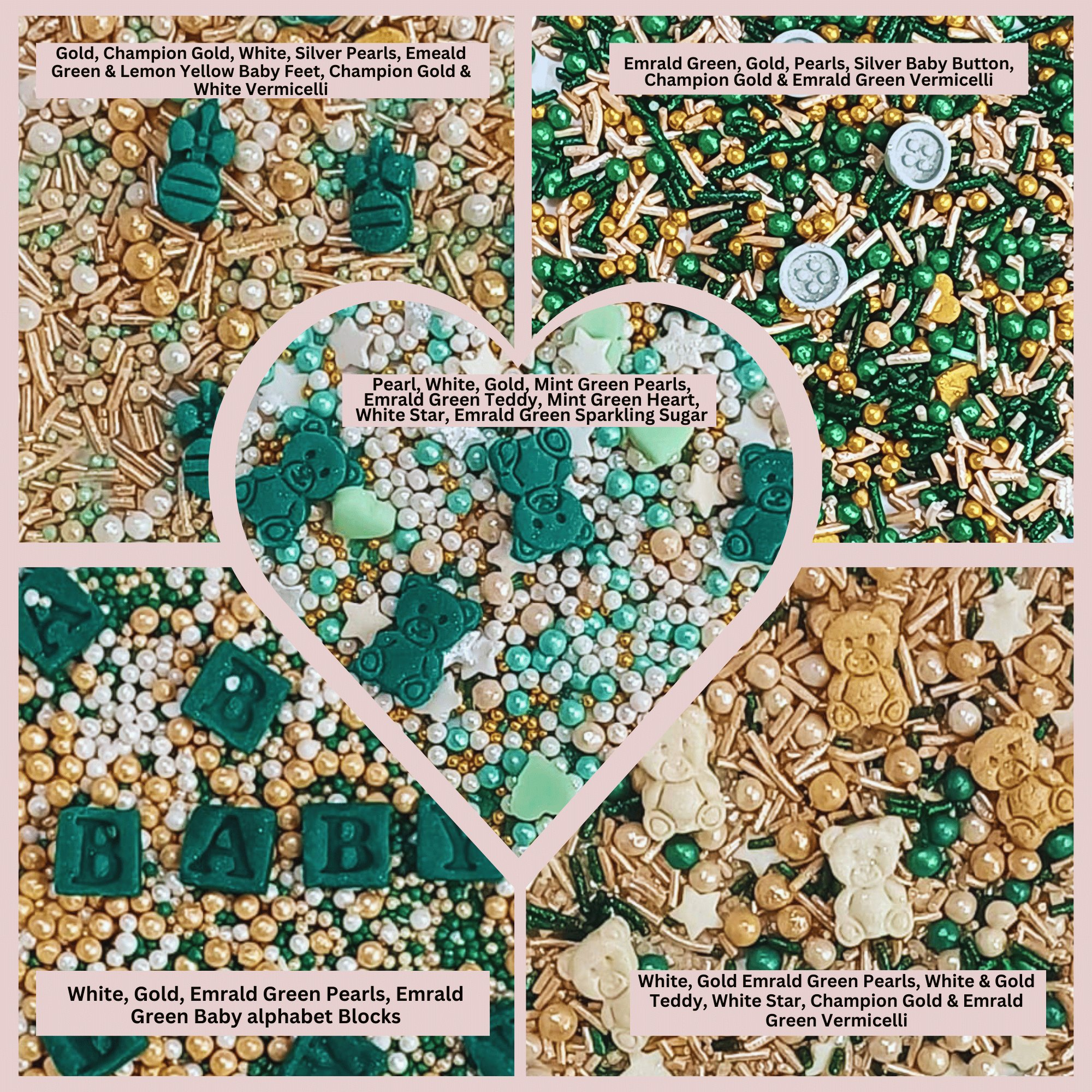 Confect Baby Shower Sprinkles | Gender Reveal Sprinkles | Gold, Silver, Mint Green & Pearl Dragees Pack of 5 (BABY SHOWER -09) | Grocsy