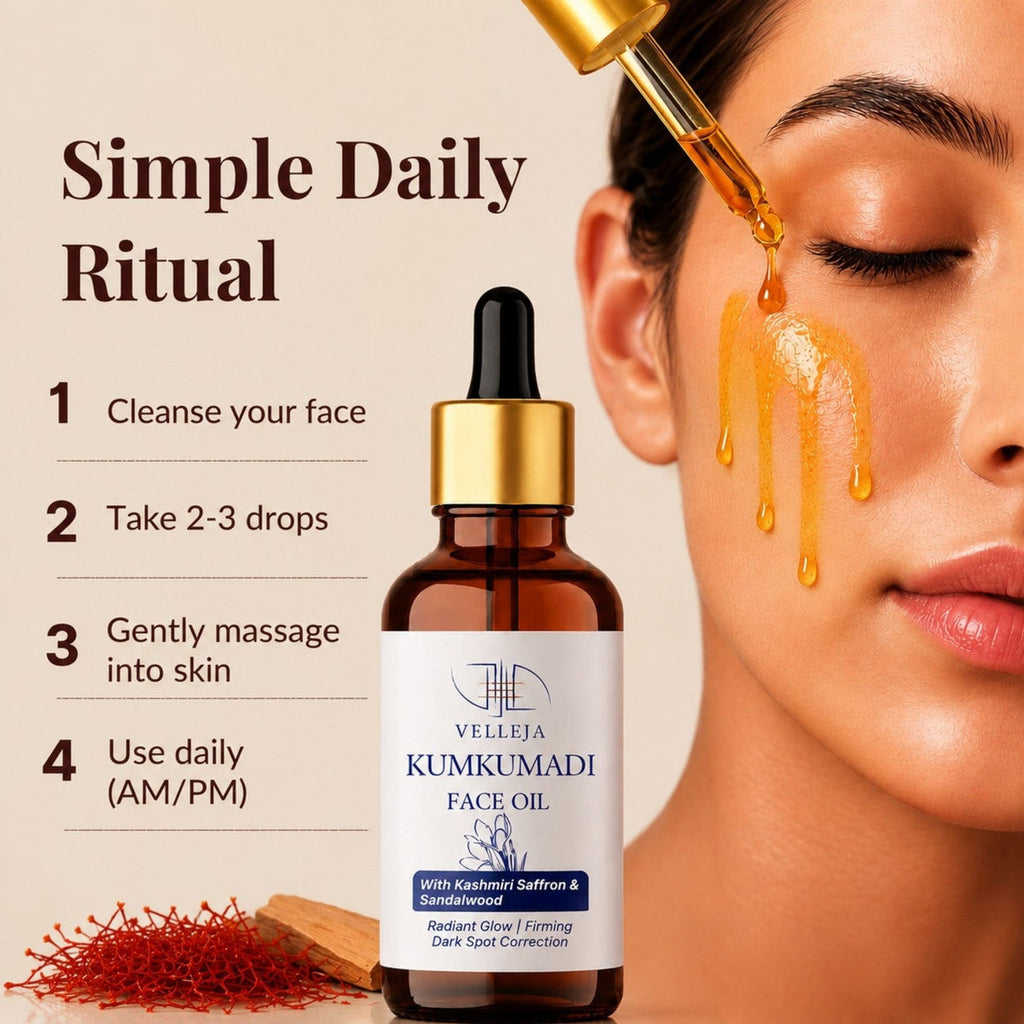 Velleja Kumkumadi Face Oil with Kashmiri Saffron & Sandalwood | Ayurvedic Anti Aging Face Serum for Brightening, Dark Spots & Pigmentation | Grocsy