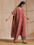 trueBrowns Rust Red Bagru Floral Print Cotton Panel Kaftan Kurta Pant Set | Grocsy