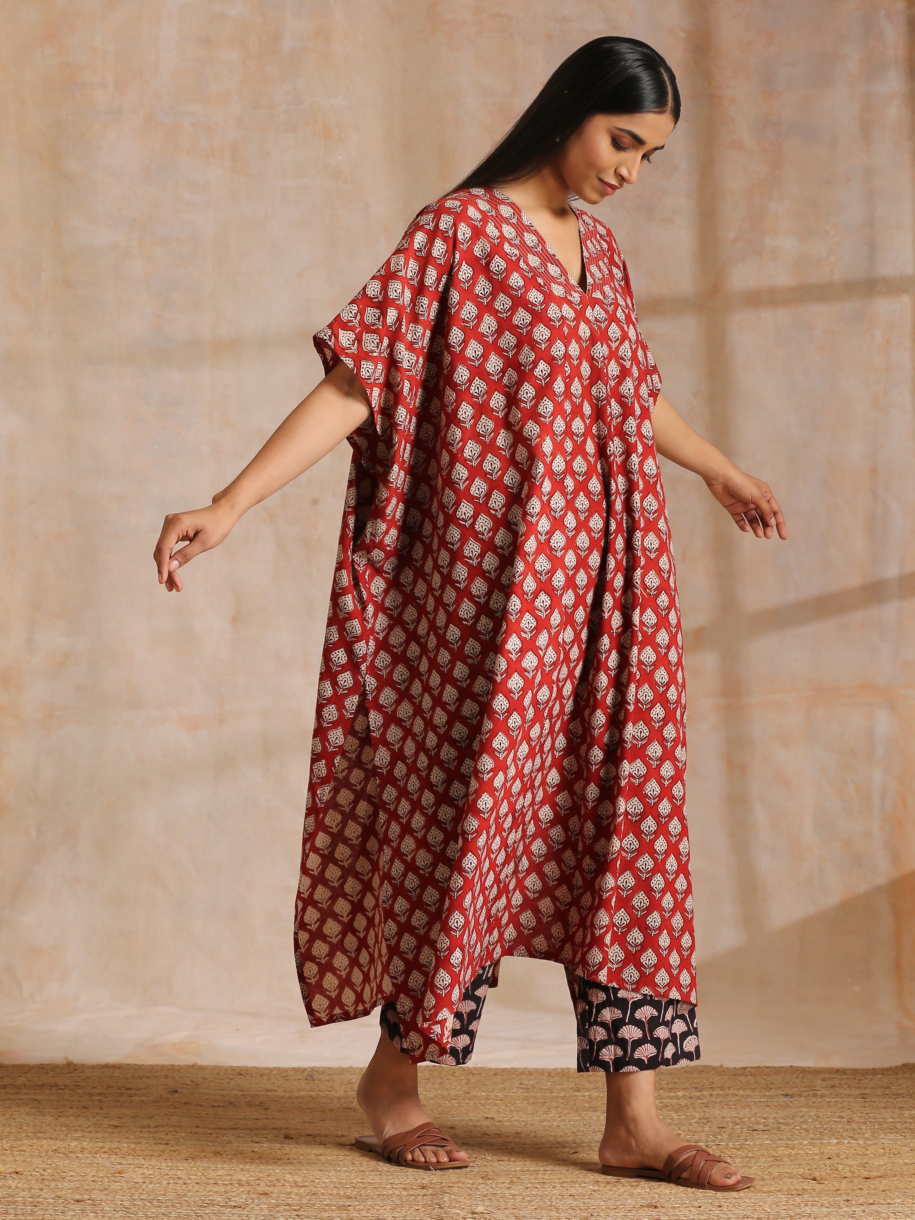 trueBrowns Rust Red Bagru Floral Print Cotton Panel Kaftan Kurta Pant Set | Grocsy