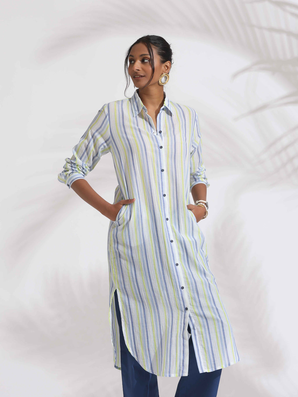 trueBrowns White Cotton Multi Stripe Shirt Kurta Set | Grocsy