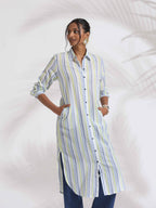trueBrowns White Cotton Multi Stripe Shirt Kurta Set | Grocsy