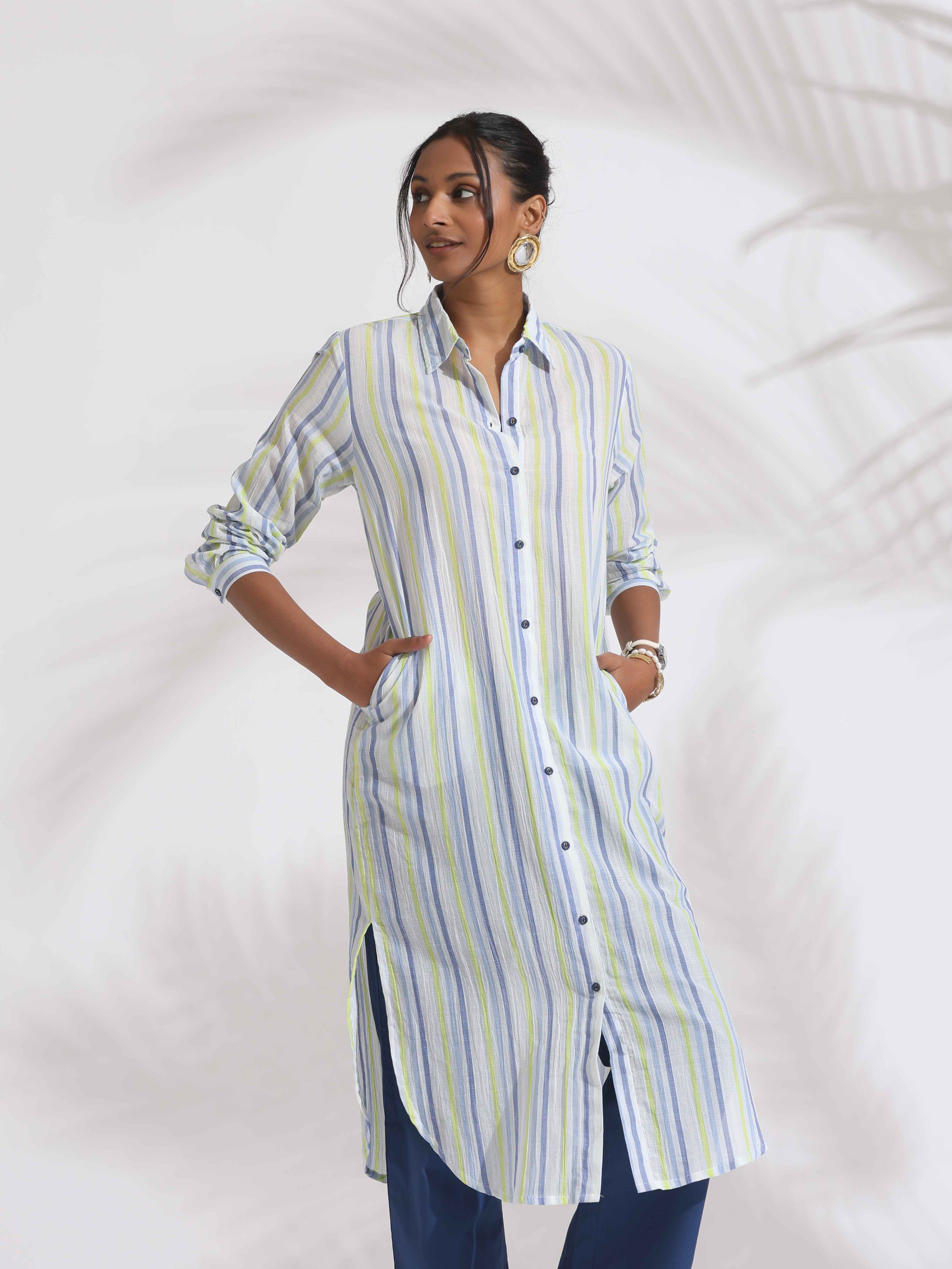 trueBrowns White Cotton Multi Stripe Shirt Kurta Set | Grocsy
