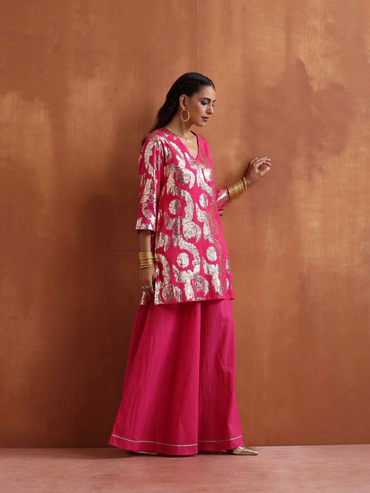 trueBrowns Pink Metallic Sharara Set | Grocsy