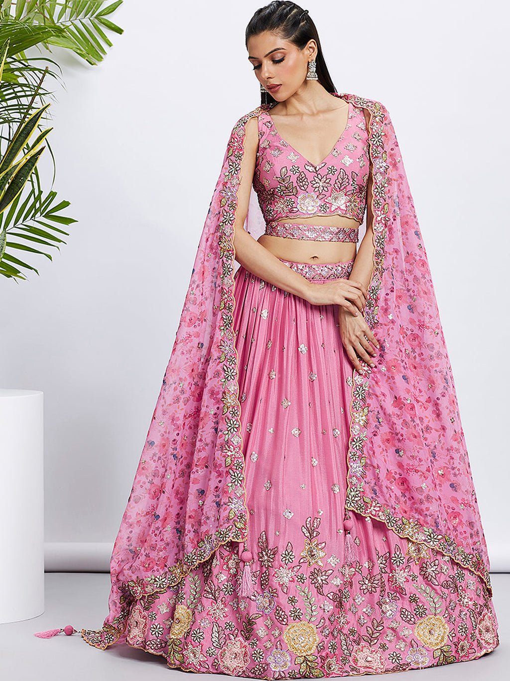 House of Panchhi Lime Green Chiffon Sequins And Thread Embroidery Lehenga Choli & Dupatta | Grocsy
