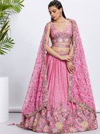 House of Panchhi Lime Green Chiffon Sequins And Thread Embroidery Lehenga Choli & Dupatta | Grocsy