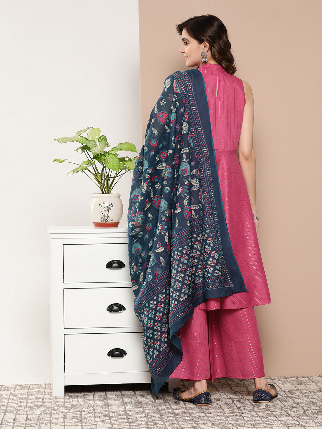 InWeave Women's Fuchsia Lurex Boho Kurta Set With Blue Printed Cotton Dupatta | Grocsy