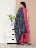InWeave Women's Fuchsia Lurex Boho Kurta Set With Blue Printed Cotton Dupatta | Grocsy