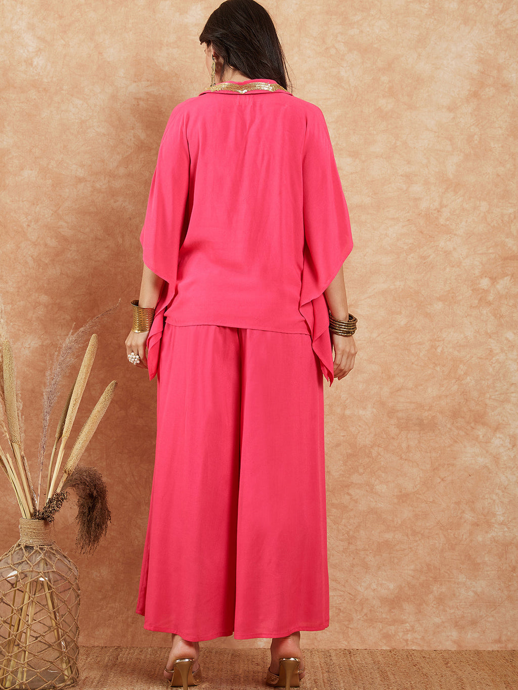 InWeave Women's Fuchsia Solid Collar Neck Boho Top Bottom Set | Grocsy