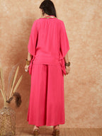 InWeave Women's Fuchsia Solid Collar Neck Boho Top Bottom Set | Grocsy