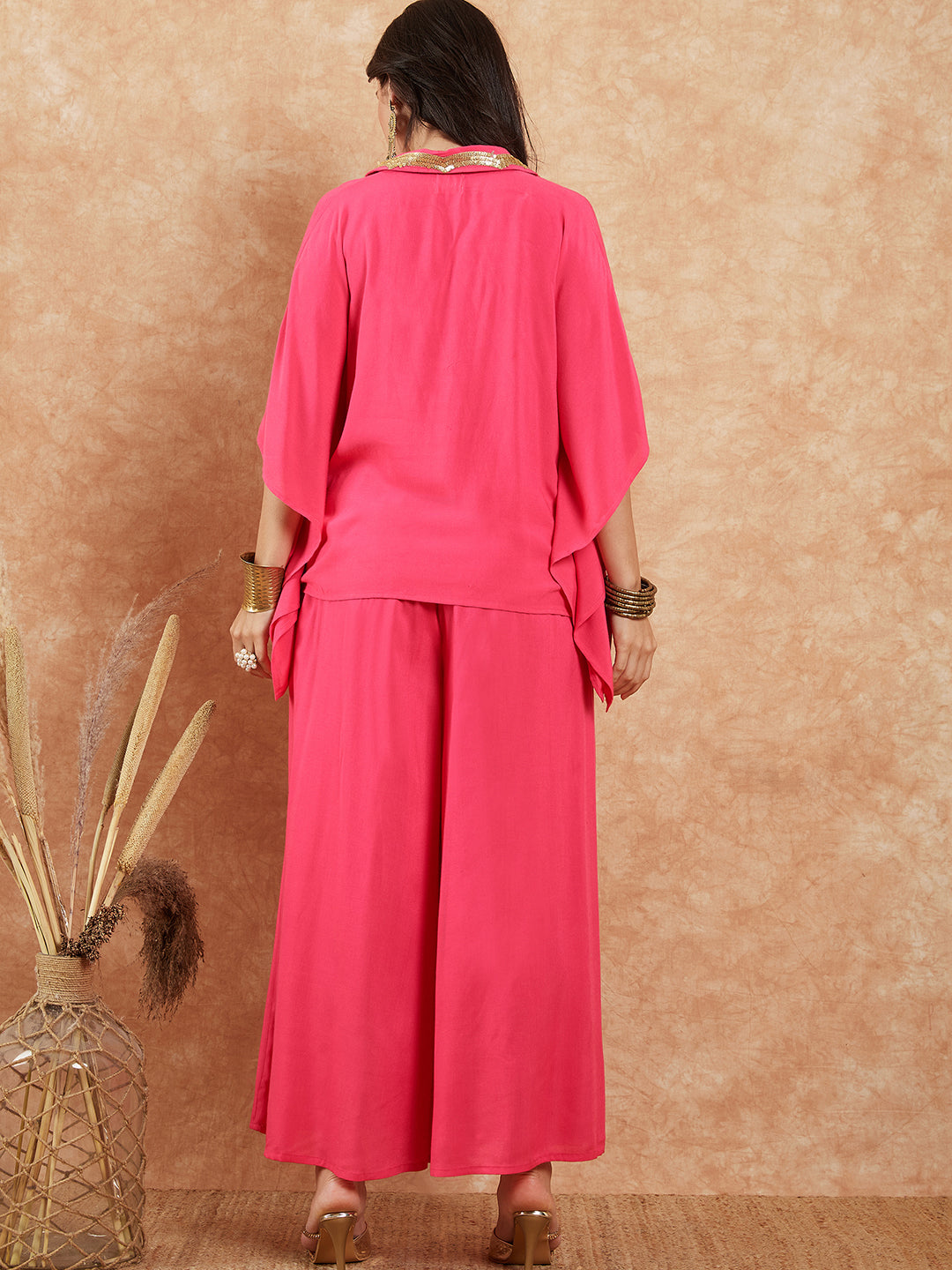 InWeave Women's Fuchsia Solid Collar Neck Boho Top Bottom Set | Grocsy