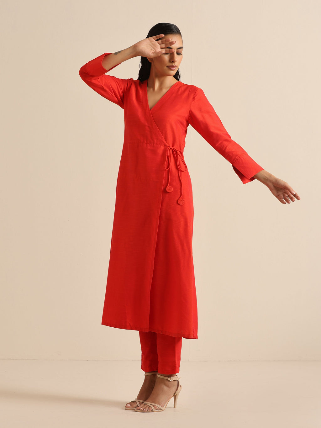 trueBrowns Orange Dupion Blend Angrakha Kurta Pant Set | Grocsy