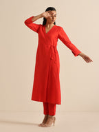 trueBrowns Orange Dupion Blend Angrakha Kurta Pant Set | Grocsy