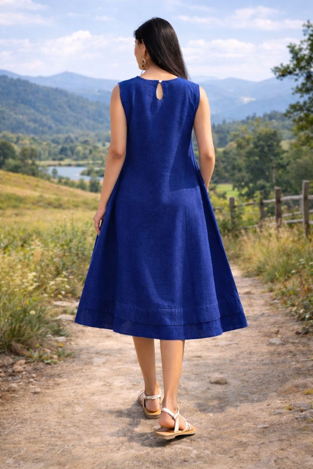 Myshka Women Blue Linen Smart Casual A-Line Midi Dress | Grocsy