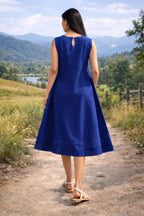 Myshka Women Blue Linen Smart Casual A-Line Midi Dress | Grocsy