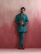 trueBrowns Men's Teal Cotton Shirt Collar Stylized Kurta Co-ord set | Grocsy