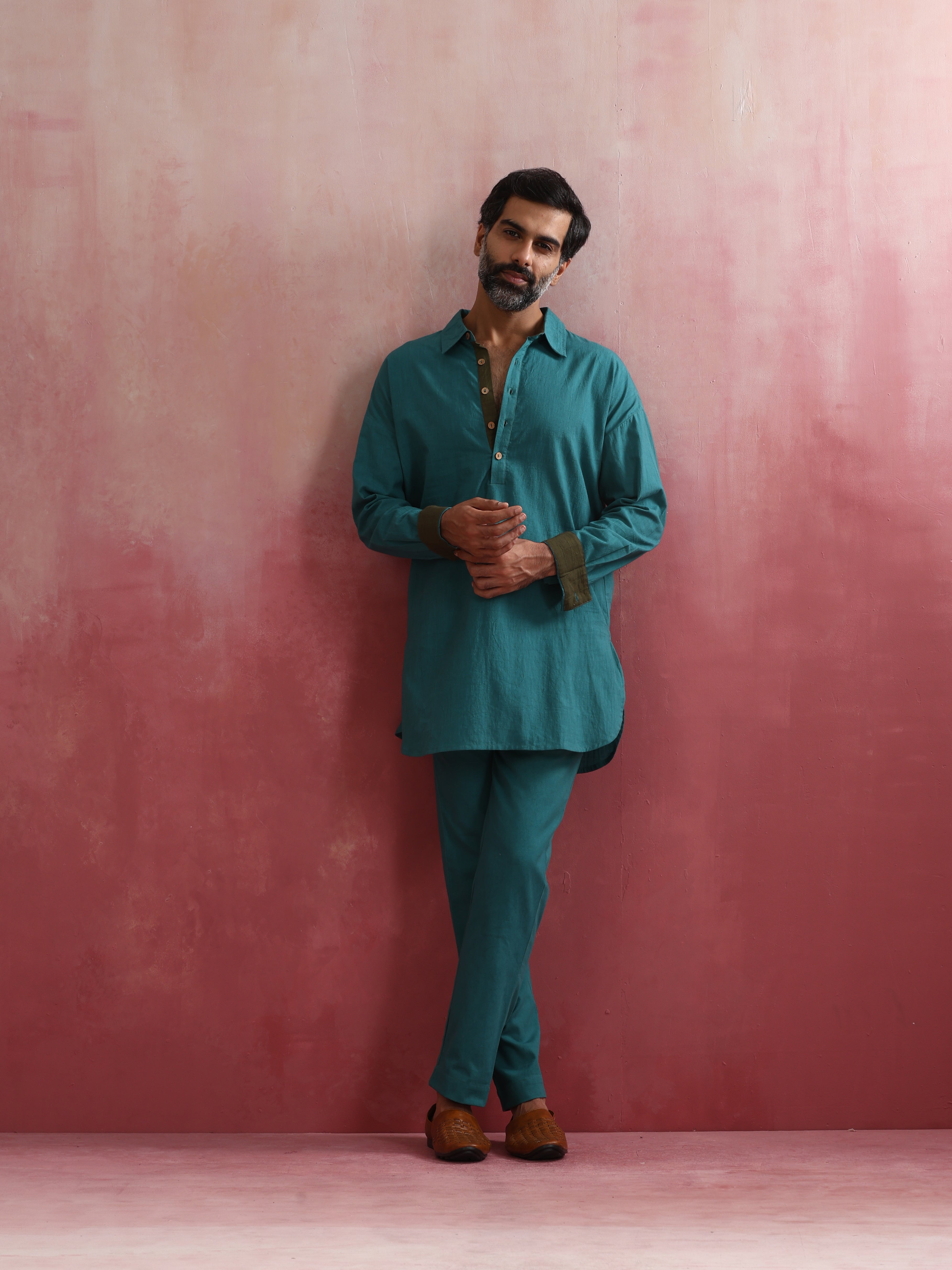 trueBrowns Men's Teal Cotton Shirt Collar Stylized Kurta Co-ord set | Grocsy