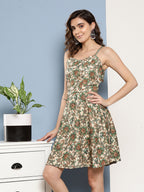InWeave Women's Dark Green Floral Back Tie Up Detail Dress | Grocsy