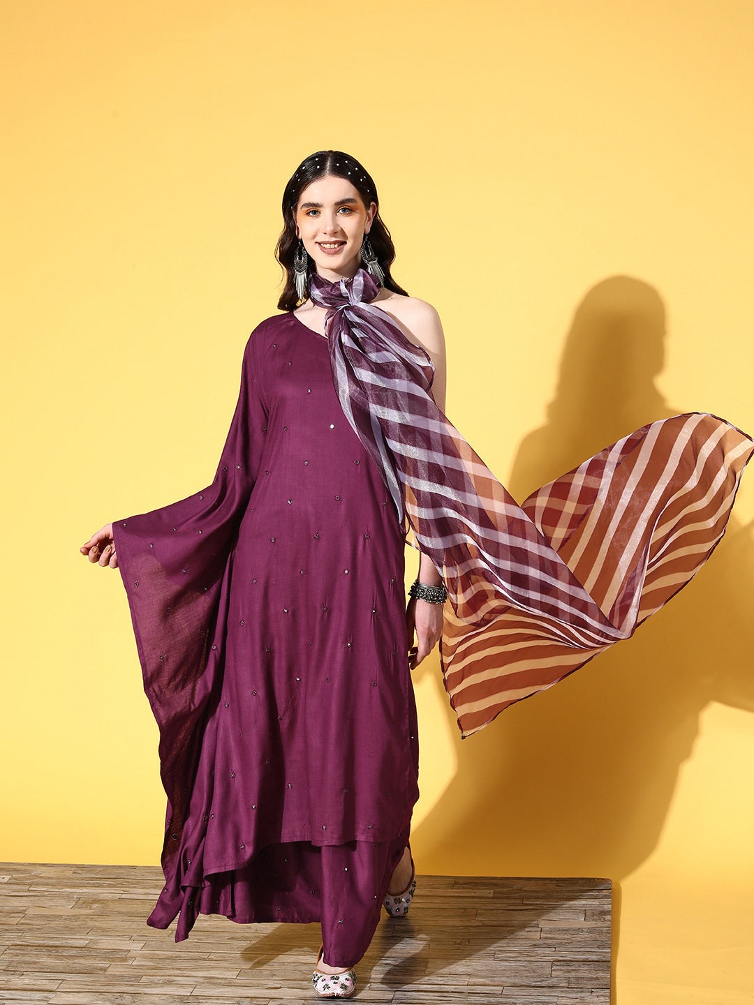 InWeave Women's Wine Mirror Work One Shoulder Kurta Set With Dupatta | Grocsy