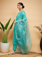 InWeave Women's Aqua S Print Alia Cut Gota Work Kurta Set W Aqua Le Du | Grocsy