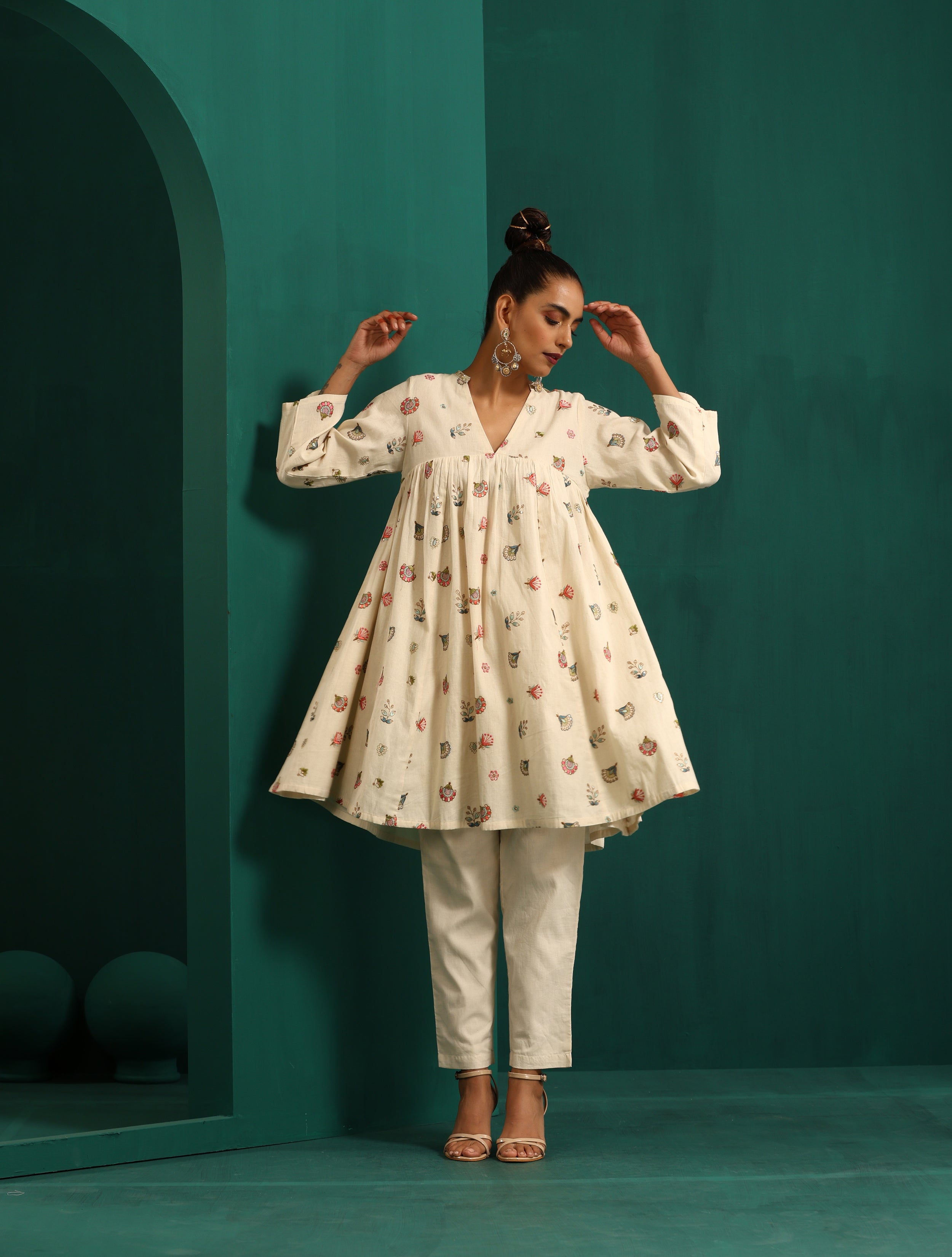 trueBrowns Ivory Multi Color Cotton Yoke Gathered Co-ord Set | Grocsy