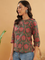 InWeave Women's Green Red Mughal Kalamkari Top | Grocsy