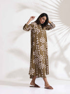 trueBrowns Olive Green Cotton Print Shirt Dress | Grocsy