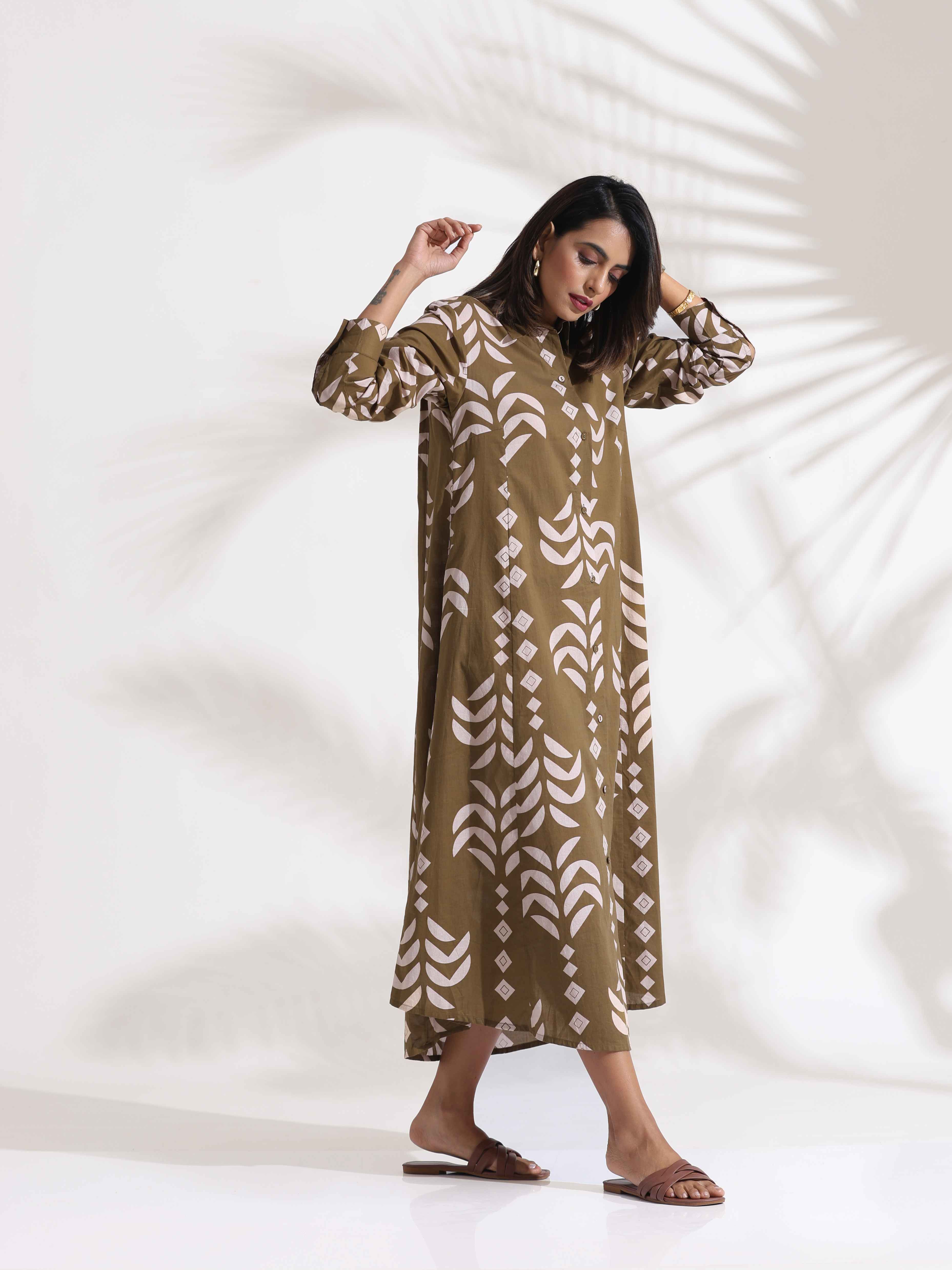 trueBrowns Olive Green Cotton Print Shirt Dress | Grocsy