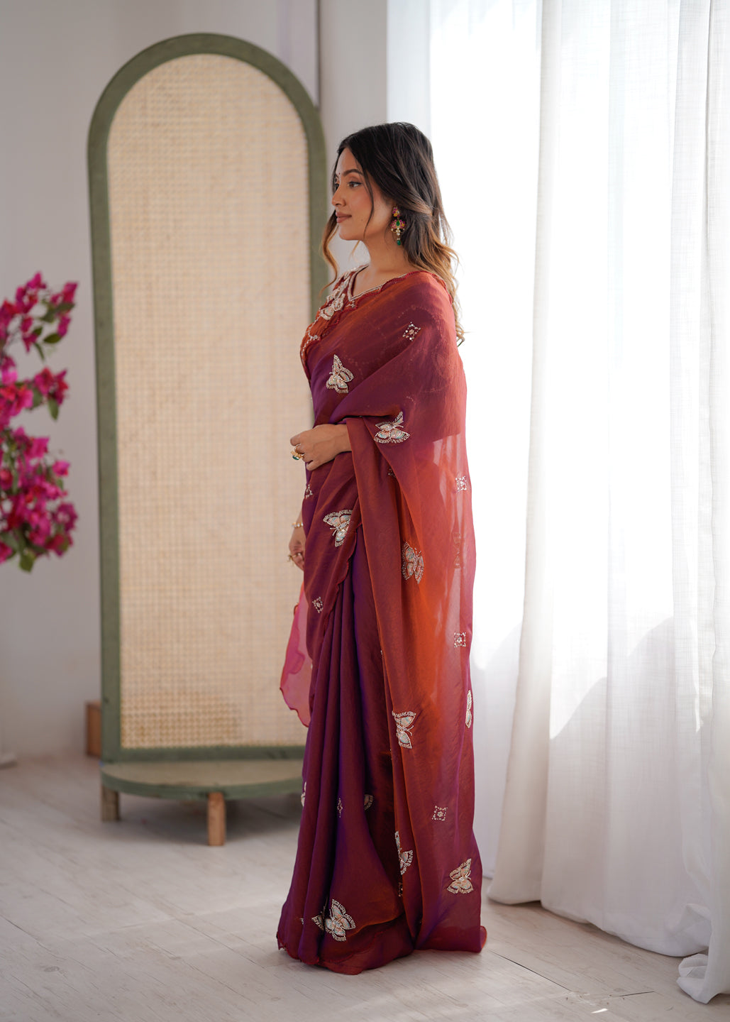 Evanik Rust Mos Silk With Handwork Butterfly Design Saree With Unstitched Blouse | Grocsy