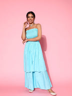 InWeave Women's Sky Blue Mirror Work Off Shoulder Kurta Set | Grocsy
