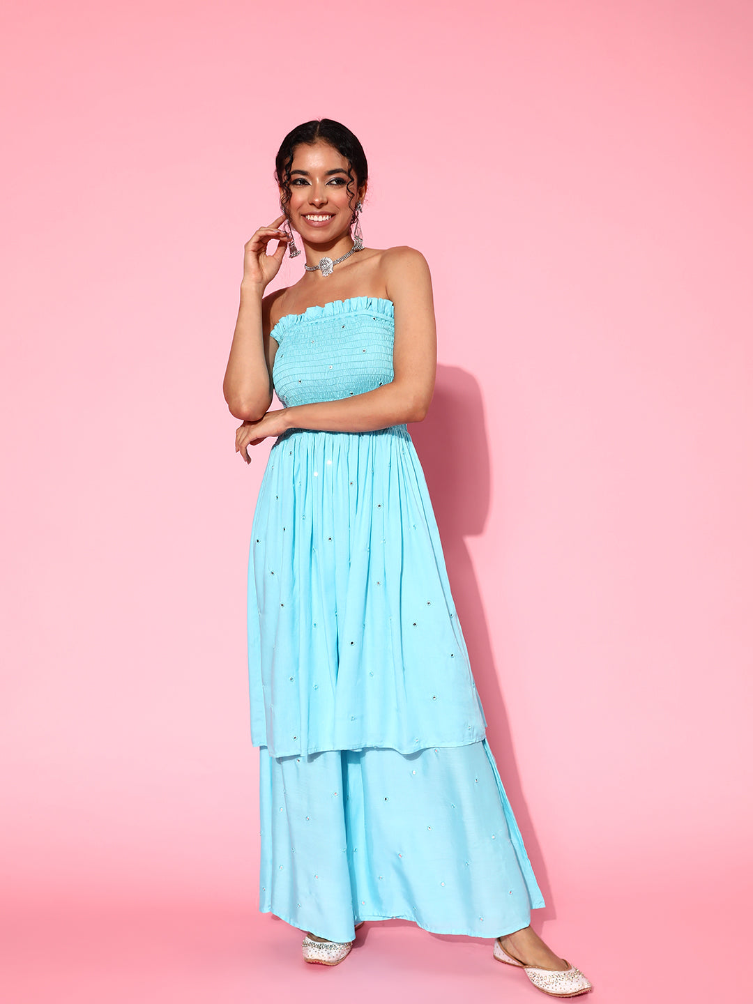 InWeave Women's Sky Blue Mirror Work Off Shoulder Kurta Set | Grocsy