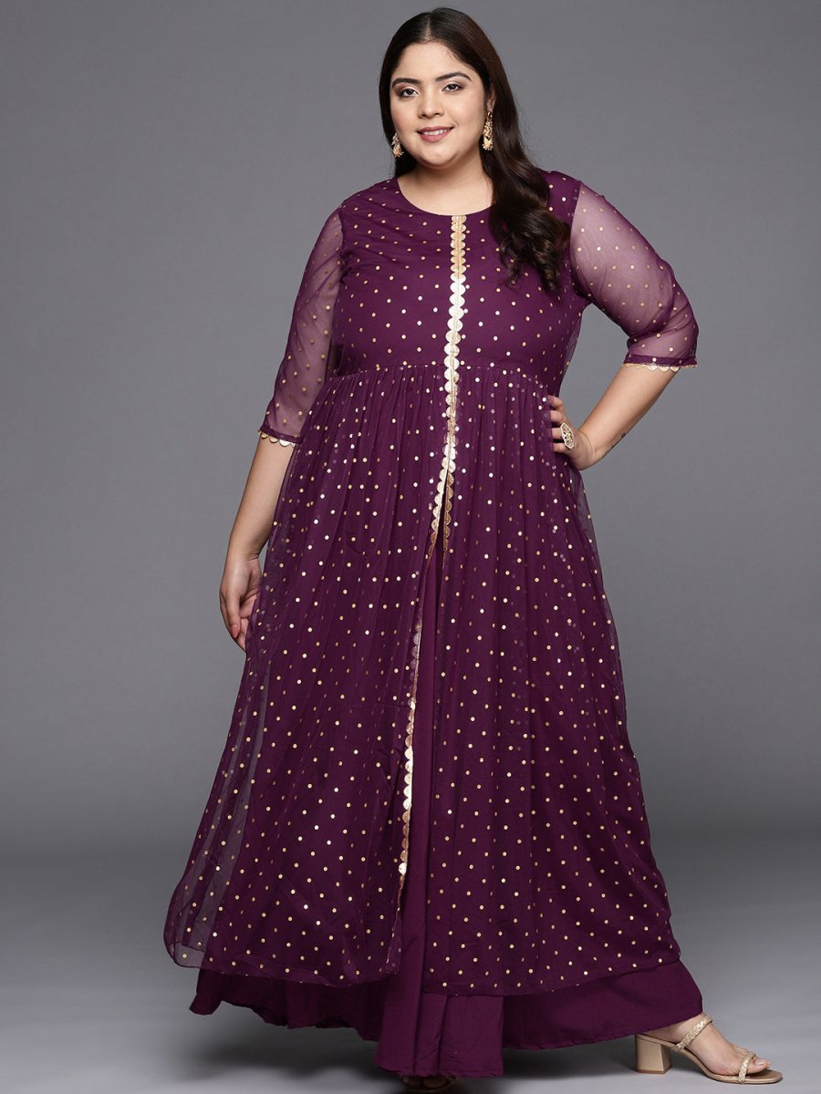 Ahalyaa Plus Size Round neck Net Maxi Ethnic Dress | Grocsy
