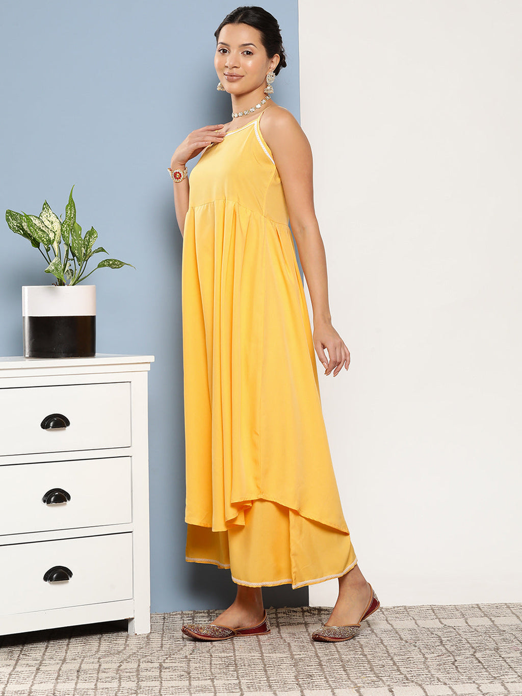 InWeave Women's Cassatta Yellow Cr Strappy Set With Rose Print Dupatta | Grocsy