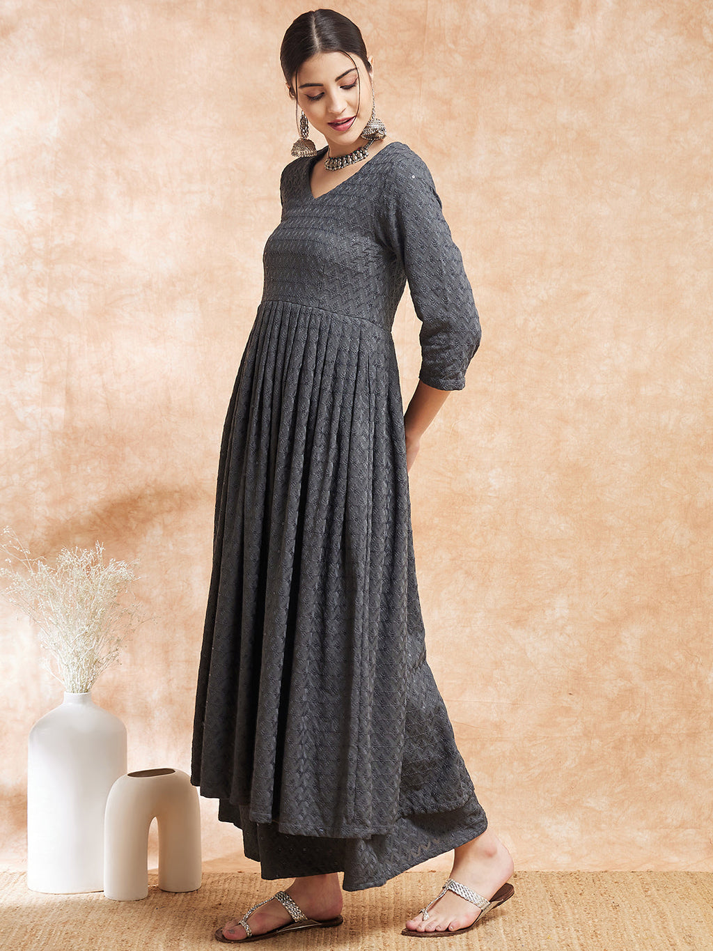 InWeave Women's Grey Chikankari Long Anarkali Kurta Sharara Set | Grocsy