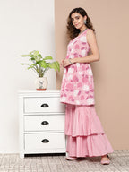InWeave Women's Pink Printed Chintz Tiered Sharara Set With Dupatta | Grocsy