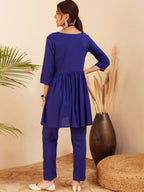 InWeave Women's Blue Round Neck Square Gota Work Kurta Pant Set | Grocsy
