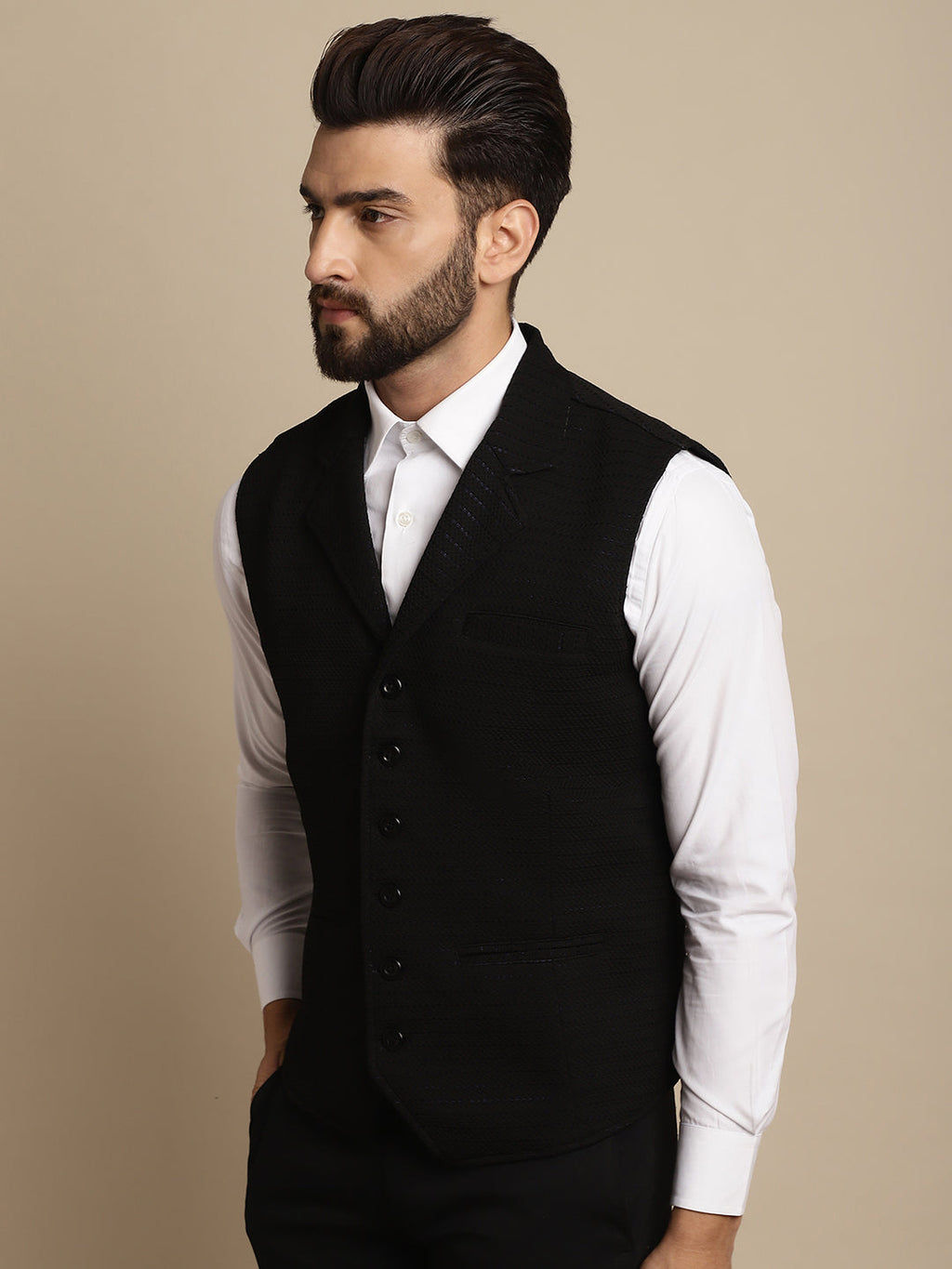Even Apparels Men's Black Waistcoat with Notched Lapel | Grocsy