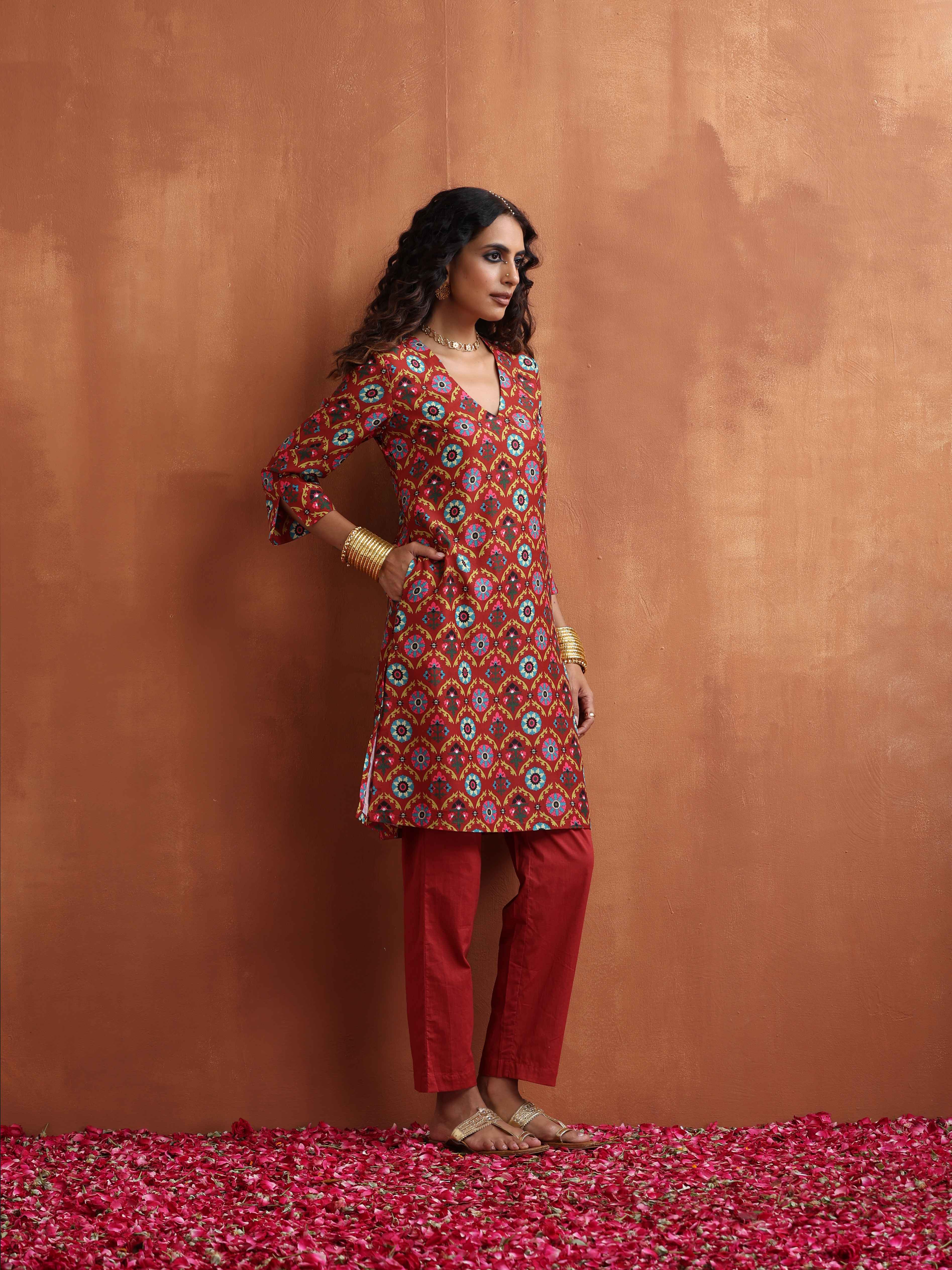 trueBrowns Rust Print Kurta Co-ord Set | Grocsy