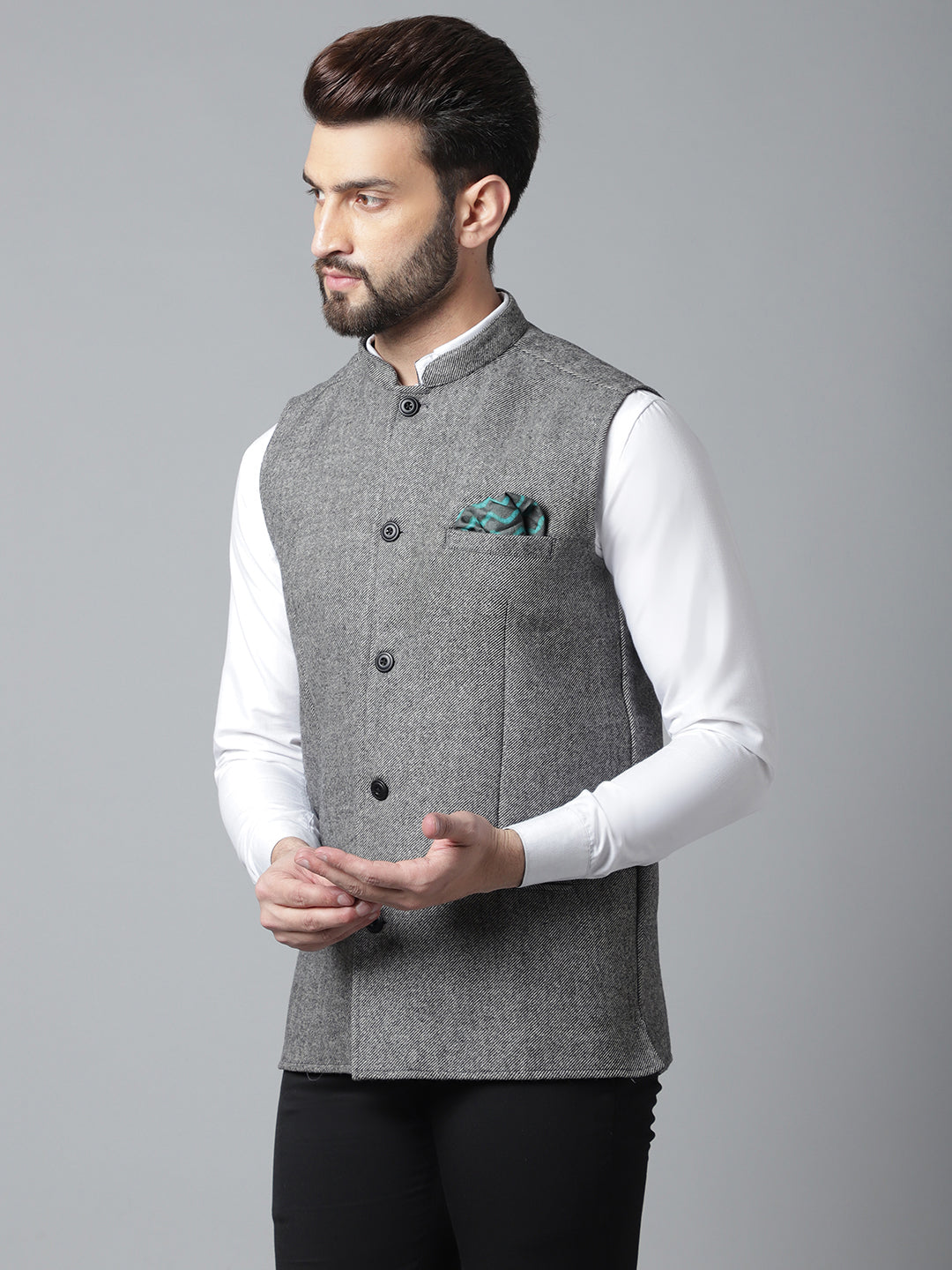 Even Apparels Men's Grey Pure Wool Nehru Jacket | Grocsy