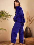 InWeave Women's Royal Blue Mughal Shaan Style Velvet Short Kurta Set | Grocsy