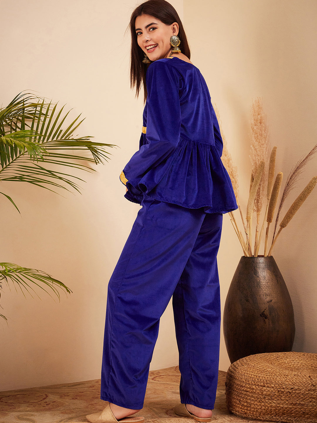 InWeave Women's Royal Blue Mughal Shaan Style Velvet Short Kurta Set | Grocsy