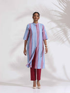 trueBrowns Blue Cotton Stripe Straight Kurta Set | Grocsy