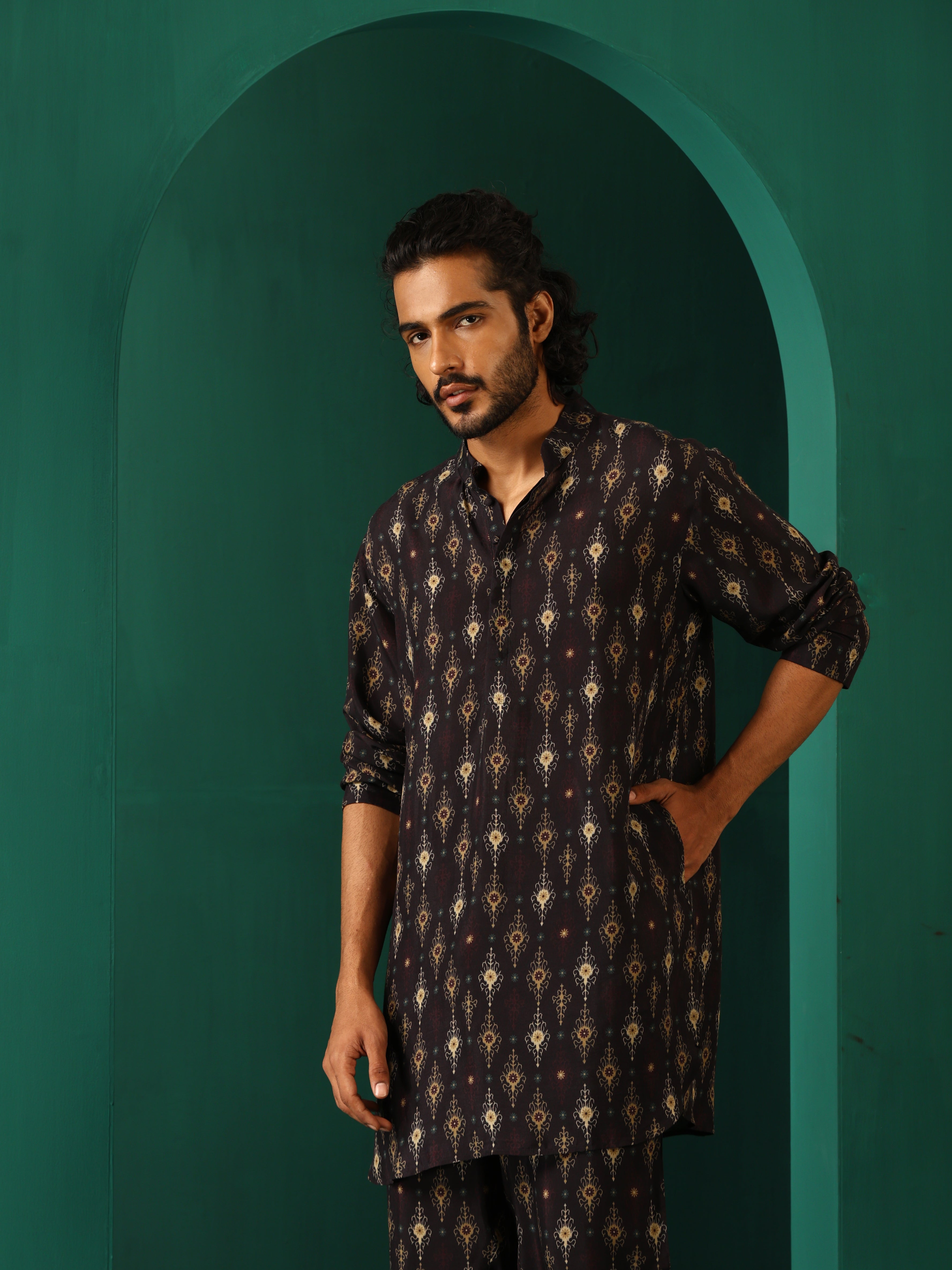 trueBrowns Men's Black Tonal Ikat Muslin Silk Printed Co-ord Set | Grocsy