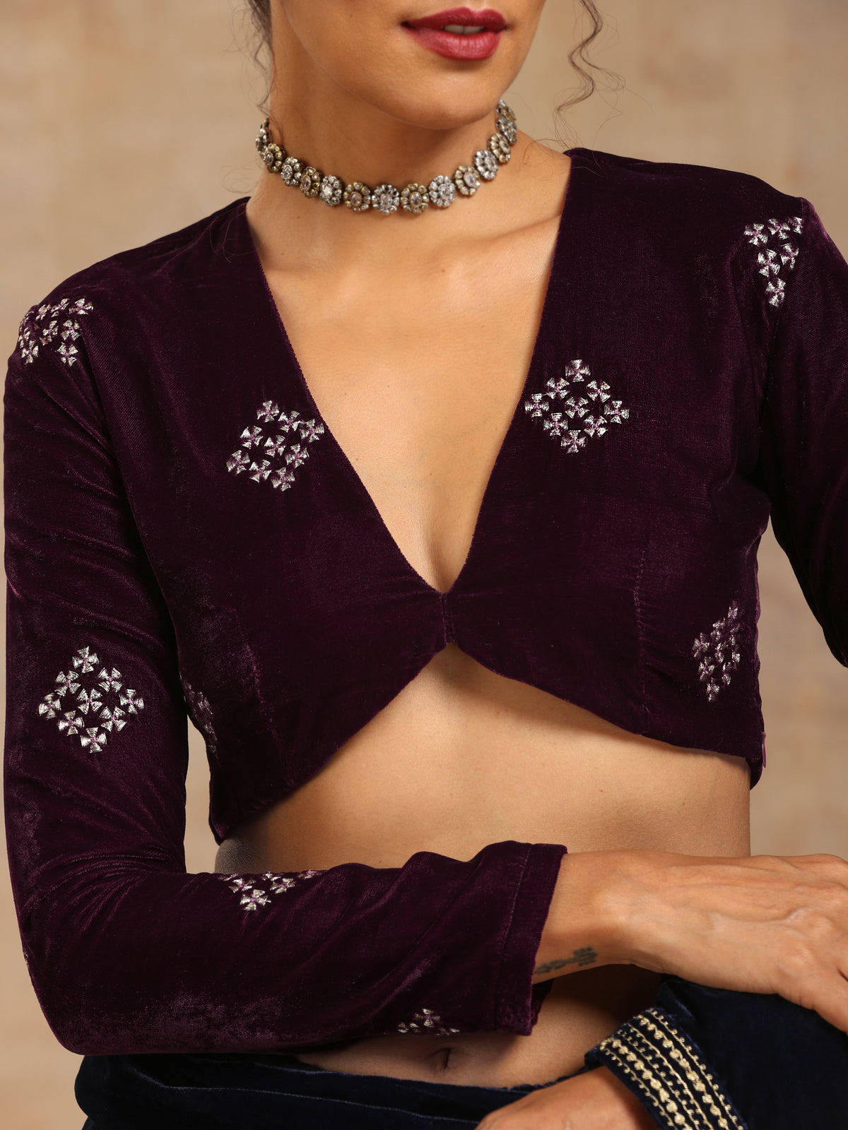trueBrowns Wine Velvet Embroidered Blouse | Grocsy