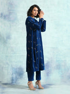 trueBrowns Blue Embroidered Velvet Puff Sleeve Kurta | Grocsy