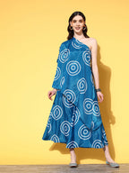 InWeave Women's Blue Bandhani Motif One Shoulder Palazzo Set | Grocsy