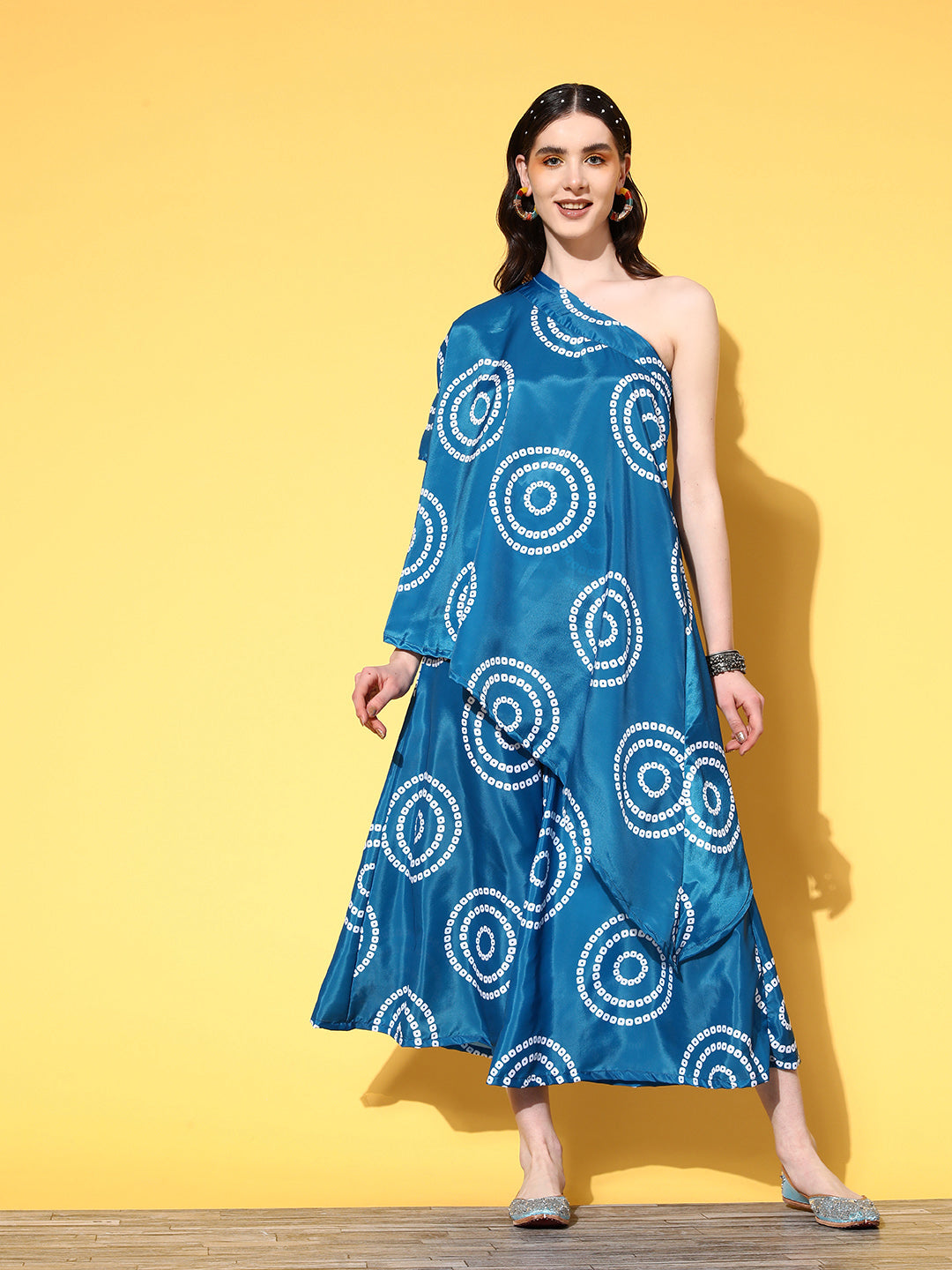 InWeave Women's Blue Bandhani Motif One Shoulder Palazzo Set | Grocsy